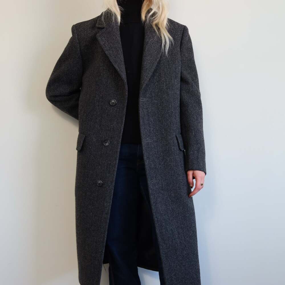 Vintage London Fog Charcoal Gray Herringbone Wool Overcoat Size 38 Reg